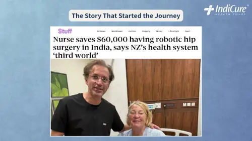 A screenshot of a news article from Stuff NZ titled 'Nurse saves $60,000 having robotic hip surgery in India,' which inspired Jason to pursue his own medical treatment abroad.